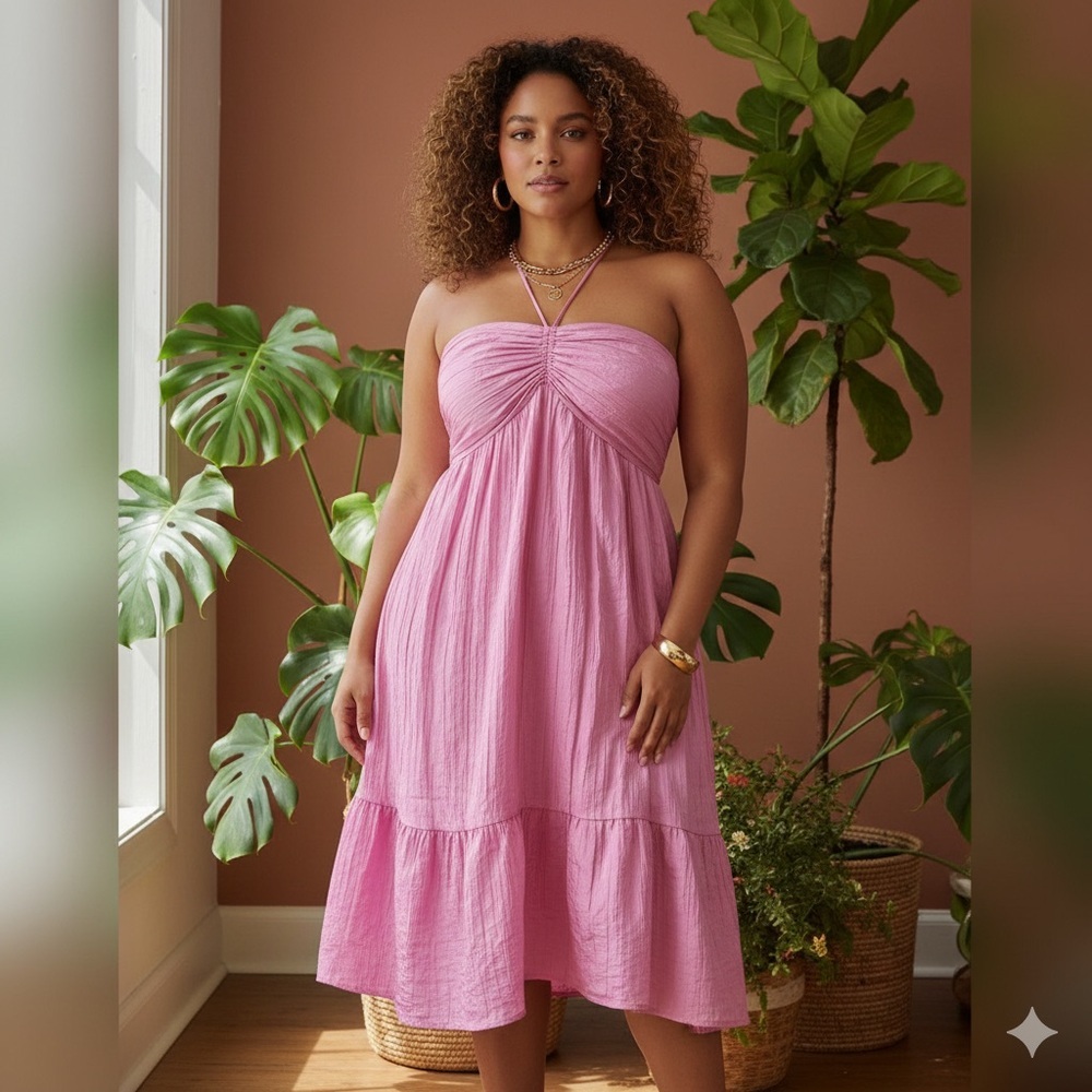 Calista Halter Neck Tie Midi Dress Side Pockets Pristine Condition Pink Sz L